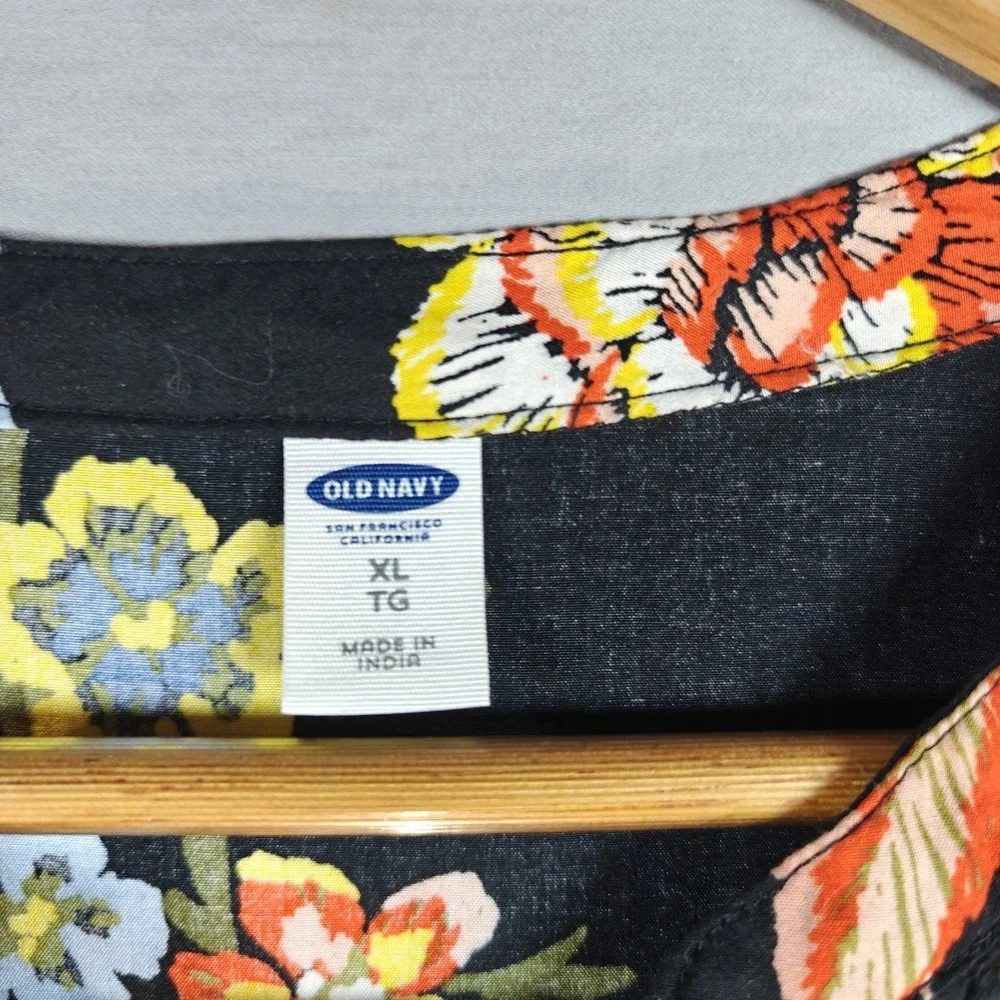 Old Navy Black Floral Lace-Up‎ Tunic Dress 3/4 Sleeve Pintuck Front V Neck XL